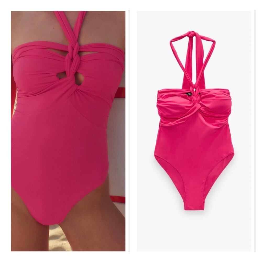 Zara Strawberry Pink Gathered Twist Front Padded Swimsuit Sz. S NWT